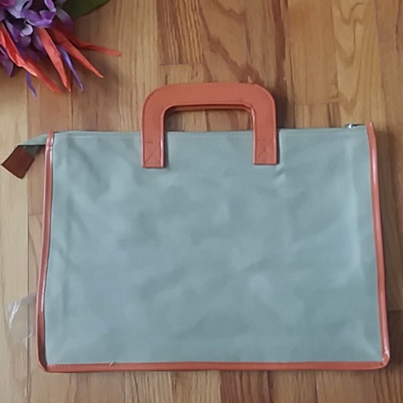 Vintage 1970s Beige Utility Multi Pocket Canvas Briefcase with Orange Trim NWT - Picture 3 of 16